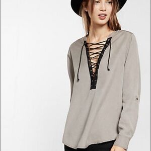 Express Boho Lace Up Green Lyocell Blouse